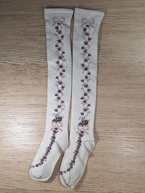 Innocent World Ivory Burgundy Floral Bow OTK Socks | Classic Lolita